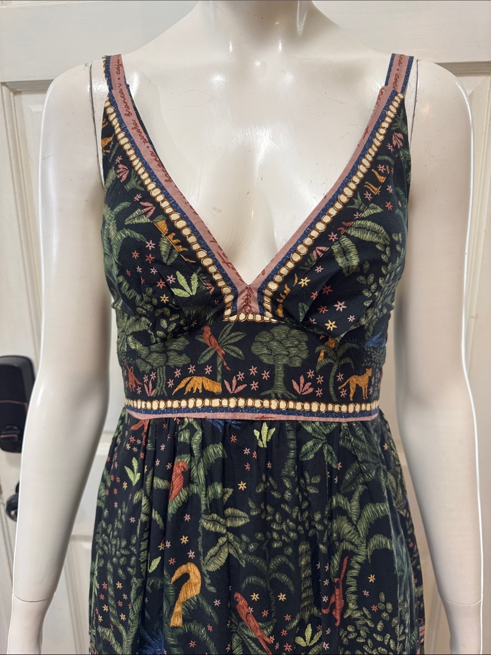 Farm Rio 100% Cotton V-Neck Tiered Tropical Print Maxi Floral Black Dress Sz S - Picture 4 of 15